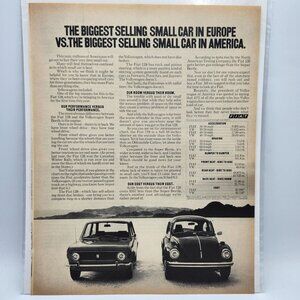 Vintage 1968 Fiat 128 Europe vs Volkswagen Beetle America LIFE Magazine Print Ad